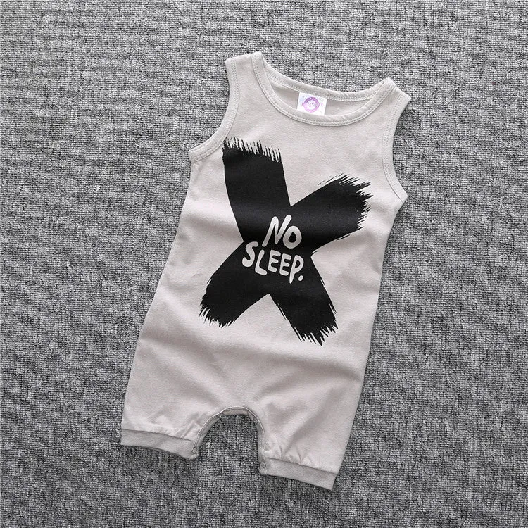 Cotton sleeveless Baby Cropped leg Edgy unisex "No Sleep" baby Romper in Grey