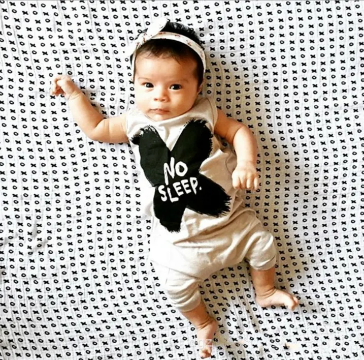 Cotton sleeveless Baby Cropped leg Edgy unisex "No Sleep" baby Romper in Grey
