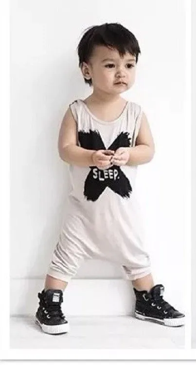 Cotton sleeveless Baby Cropped leg Edgy unisex "No Sleep" baby Romper in Grey