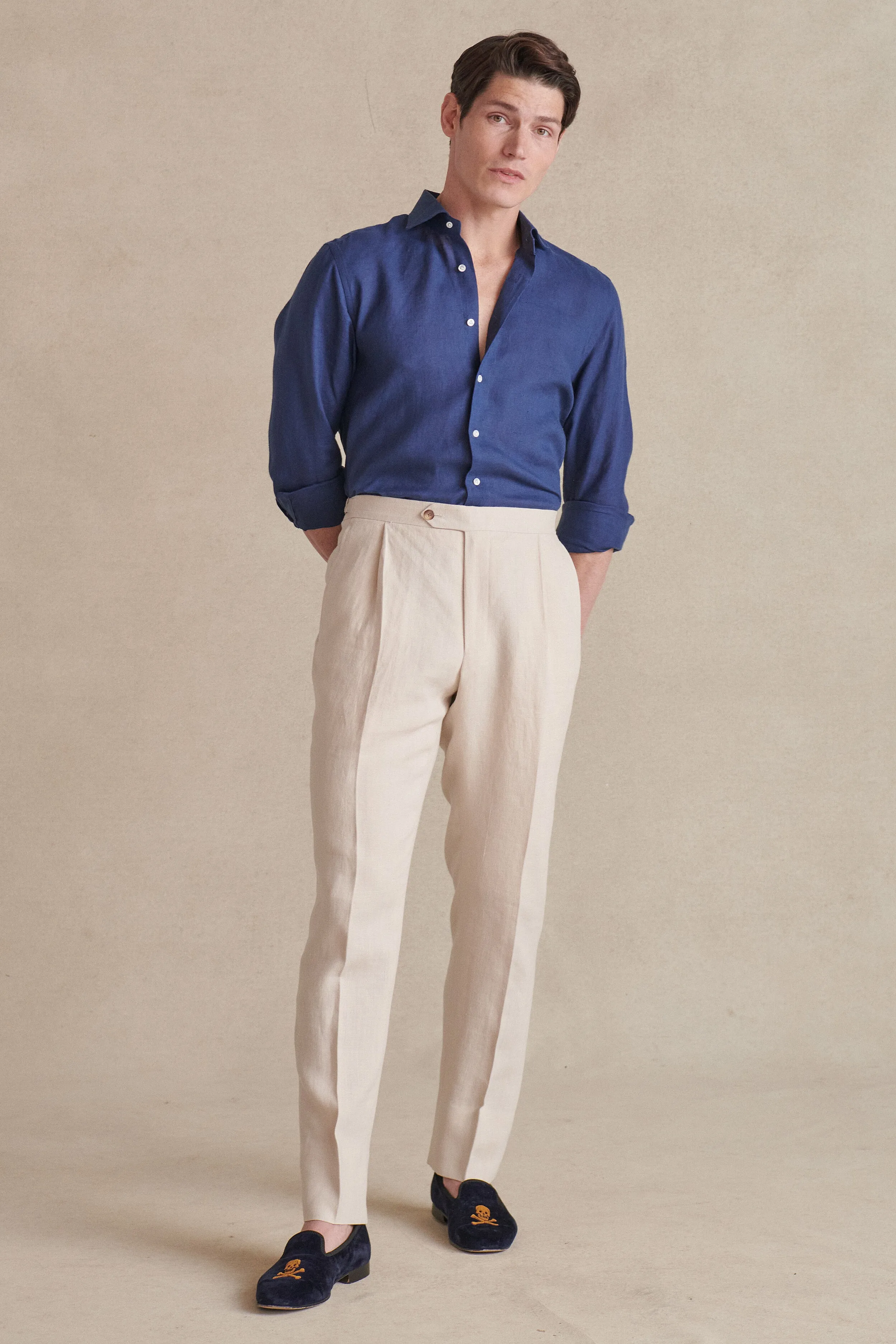 Cream Single Pleat Linen Trousers