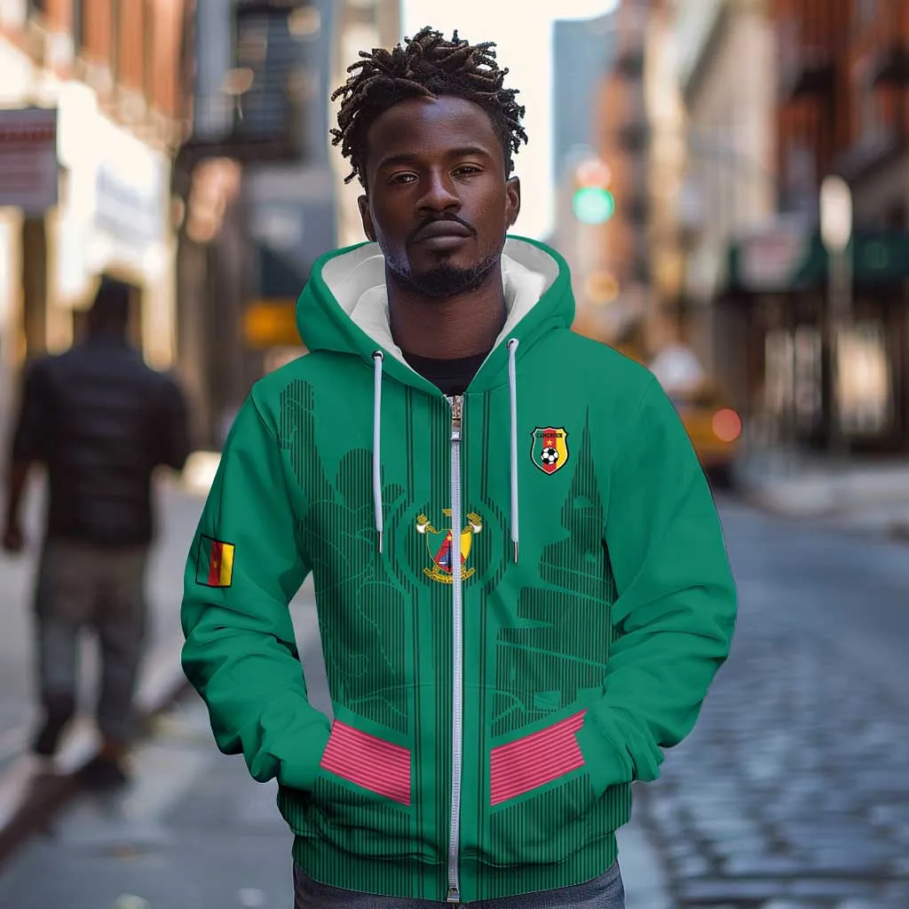 Custom Cameroun Football Zip Hoodie Allez les Lions LT15