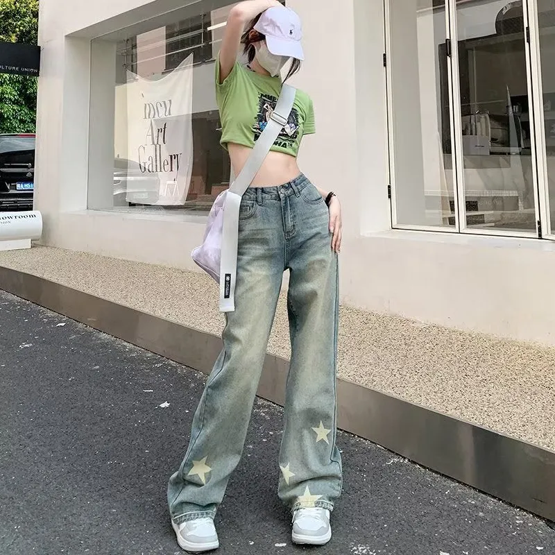 Distressed Star Print Wide-leg Jeans