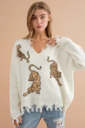 Distressed Tiger Sequence Sweater - Ivory