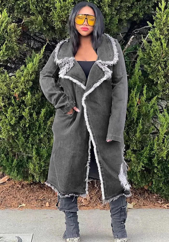 Edgy Turndown Collar Ripped Denim Coat for Bold Outerwear Style