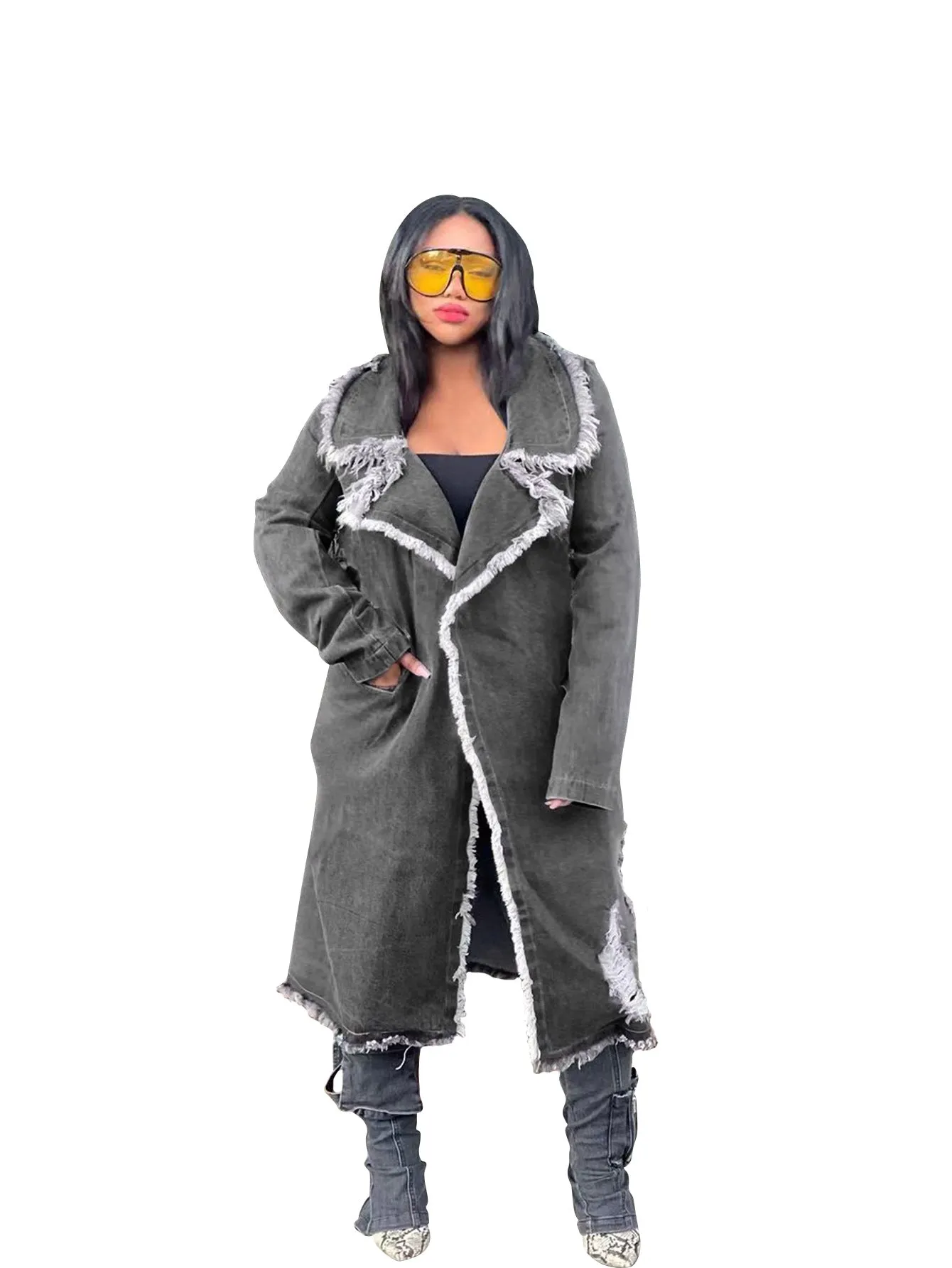 Edgy Turndown Collar Ripped Denim Coat for Bold Outerwear Style