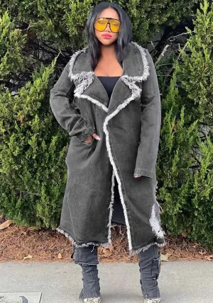 Edgy Turndown Collar Ripped Denim Coat for Bold Outerwear Style
