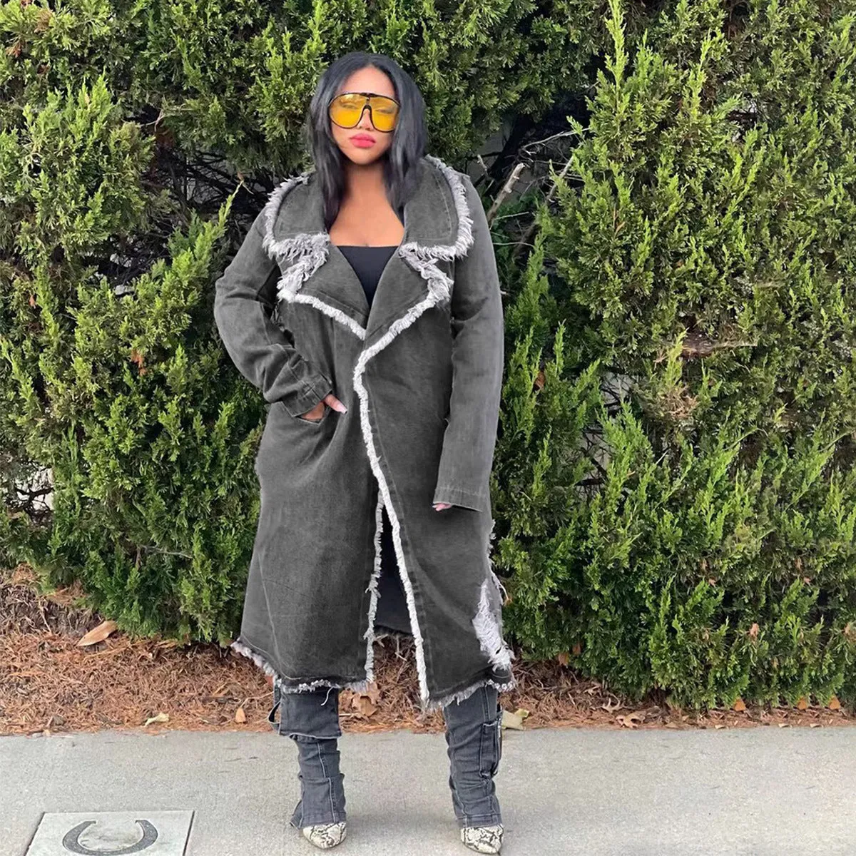 Edgy Turndown Collar Ripped Denim Coat for Bold Outerwear Style