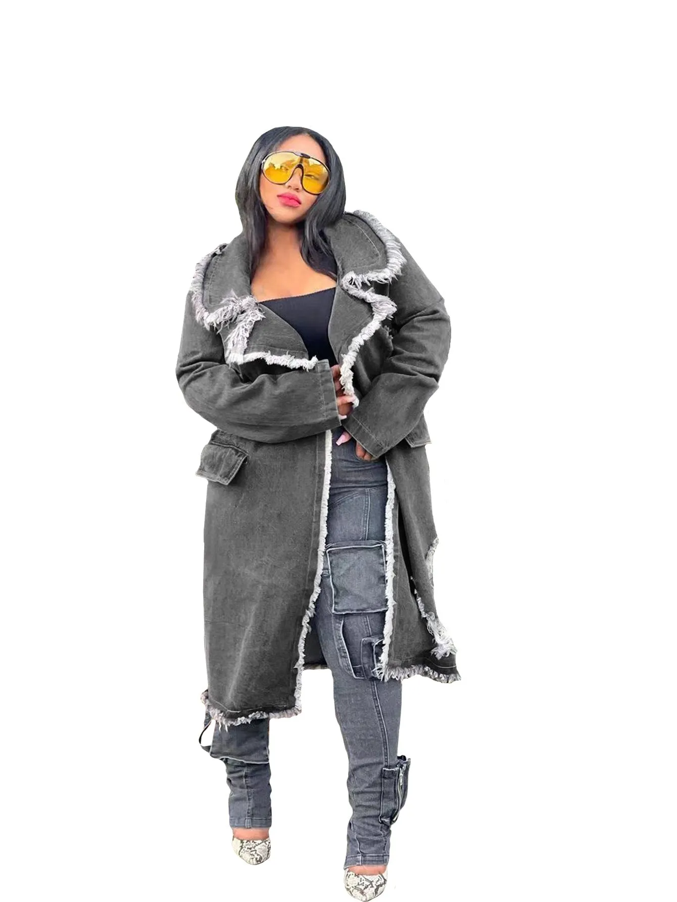 Edgy Turndown Collar Ripped Denim Coat for Bold Outerwear Style