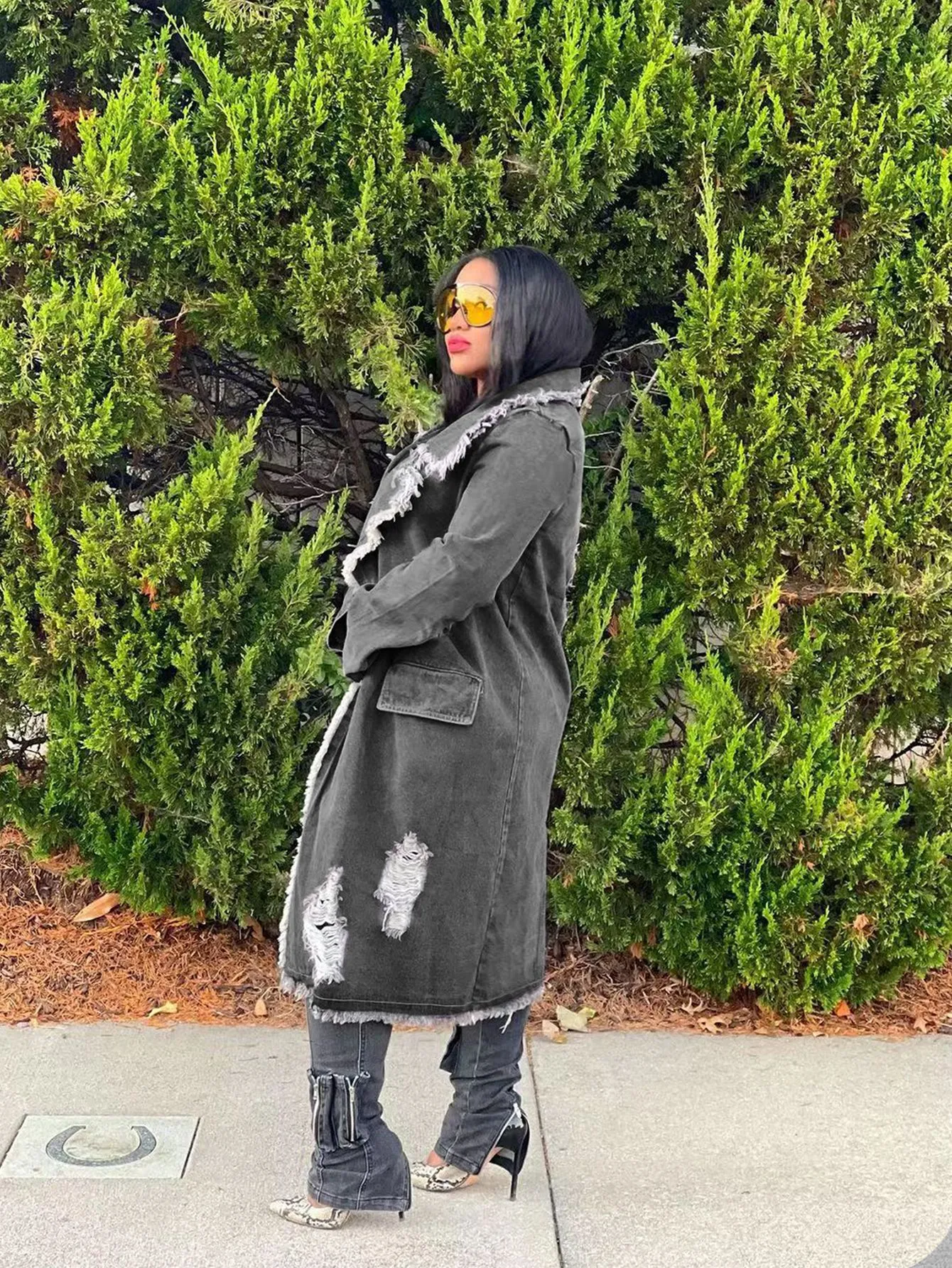 Edgy Turndown Collar Ripped Denim Coat for Bold Outerwear Style