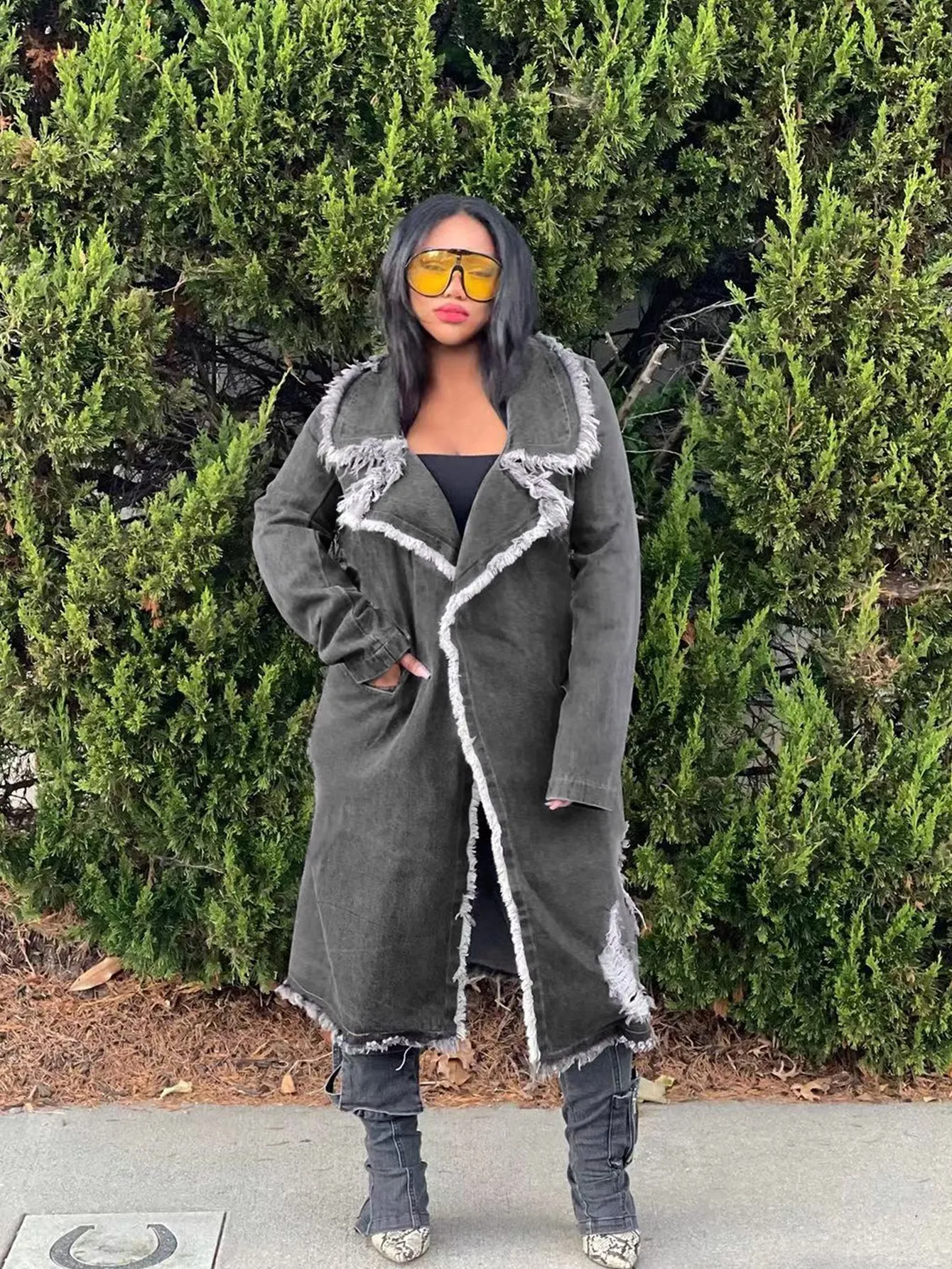 Edgy Turndown Collar Ripped Denim Coat for Bold Outerwear Style