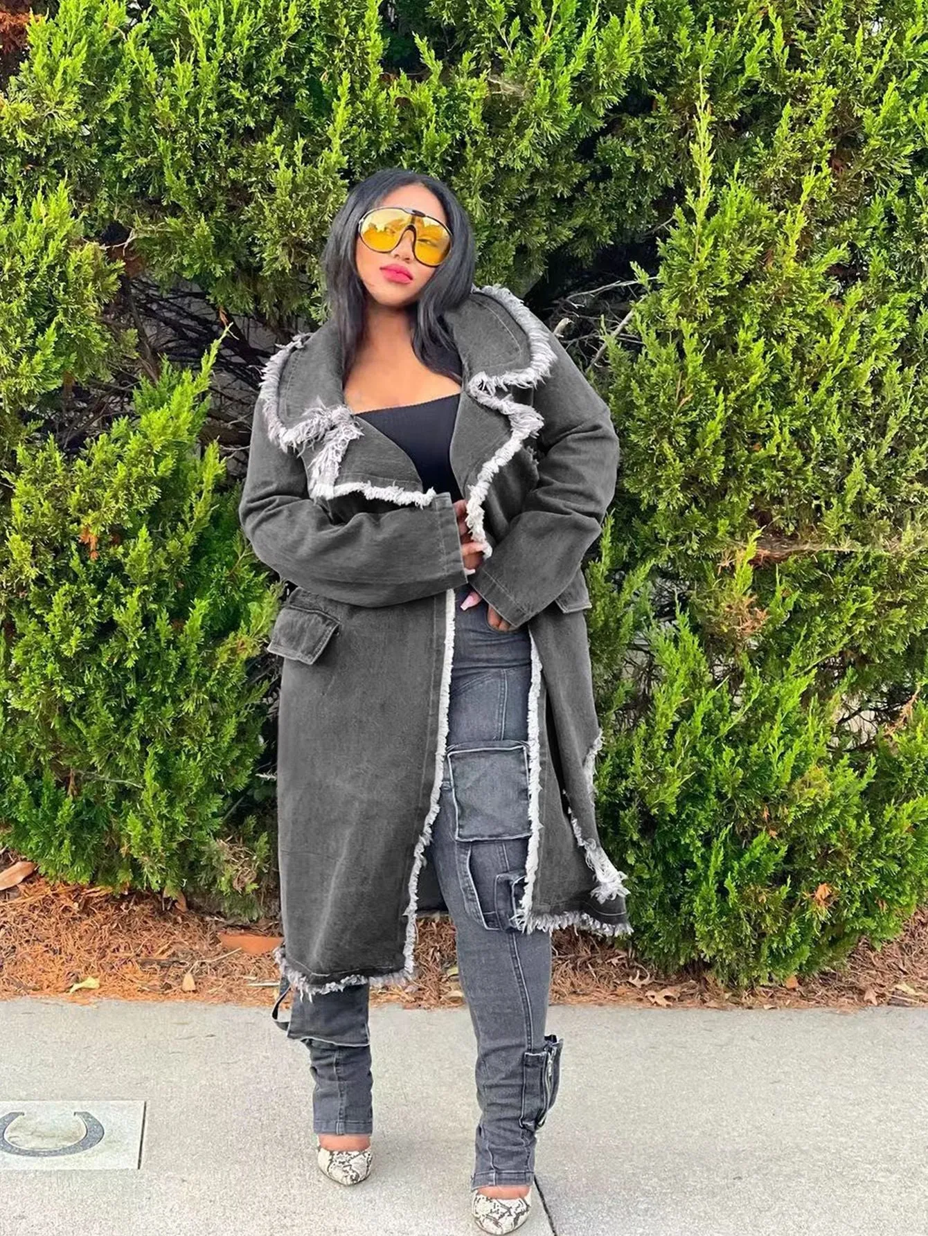 Edgy Turndown Collar Ripped Denim Coat for Bold Outerwear Style