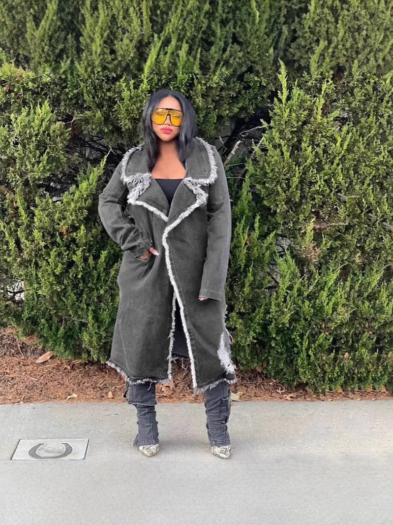 Edgy Turndown Collar Ripped Denim Coat for Bold Outerwear Style