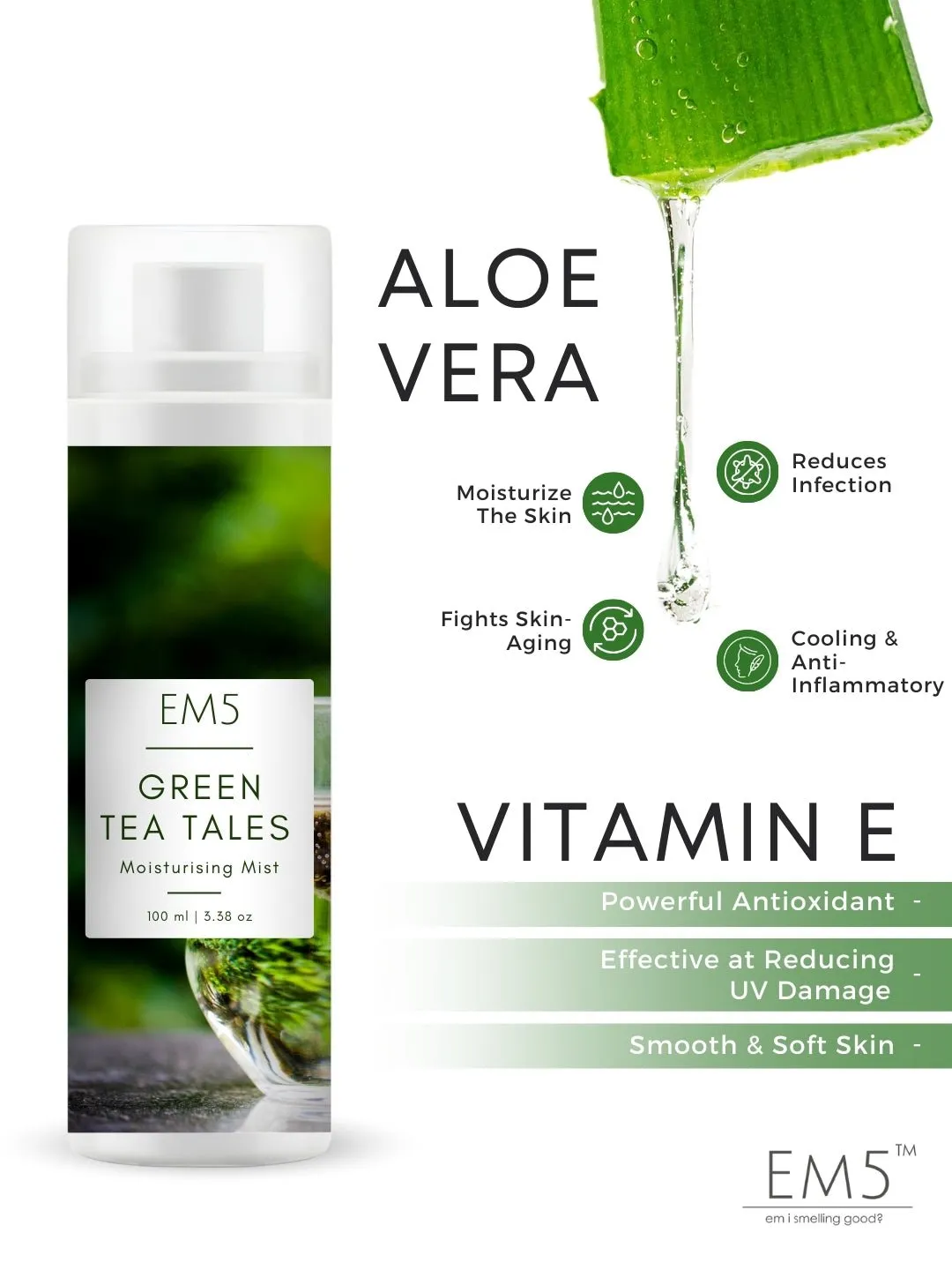 EM5™ Body Mist - Set of 3 Long Lasting Fragrance - Moisturizing and Hydrating Body Mist with Aloe Vera and Vitamin-E (Green Tea Tales- Fresh Musk - Morning Whiff)