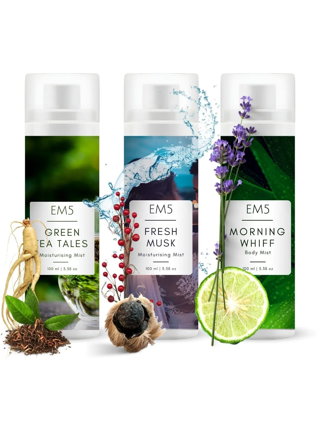 EM5™ Body Mist - Set of 3 Long Lasting Fragrance - Moisturizing and Hydrating Body Mist with Aloe Vera and Vitamin-E (Green Tea Tales- Fresh Musk - Morning Whiff)