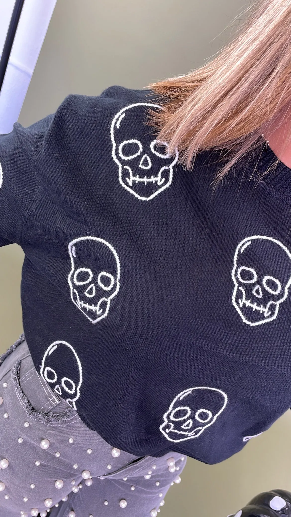 Embroidered Skull Sweater, Black