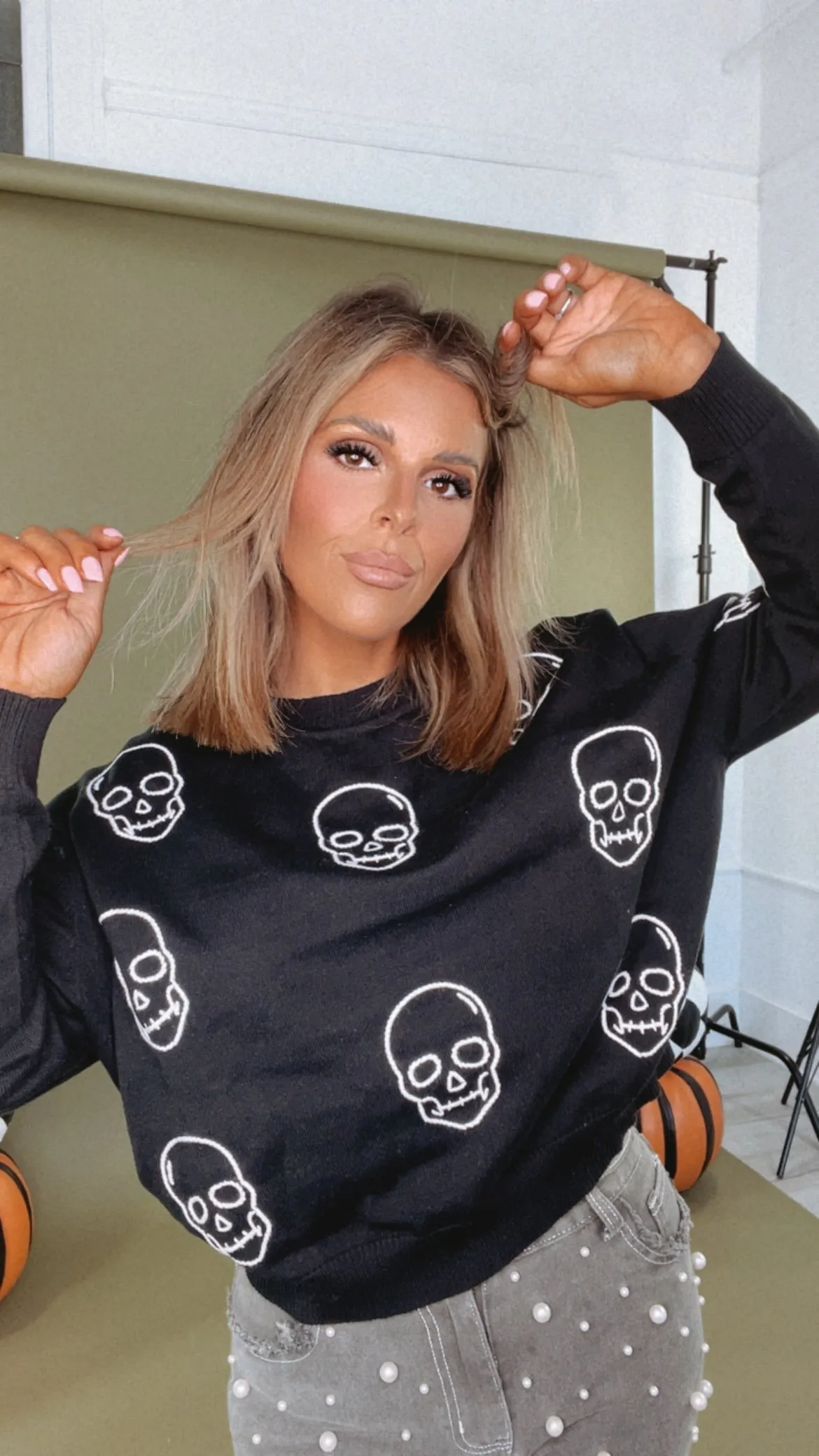 Embroidered Skull Sweater, Black