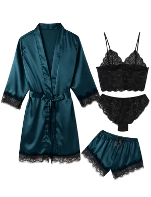 ESKTJH Silk Robes For Women Sexy Lingerie Short Pajamas Set Soft Loungewear 4 Pieces Satin Floral Lace Cami Top Dark Green