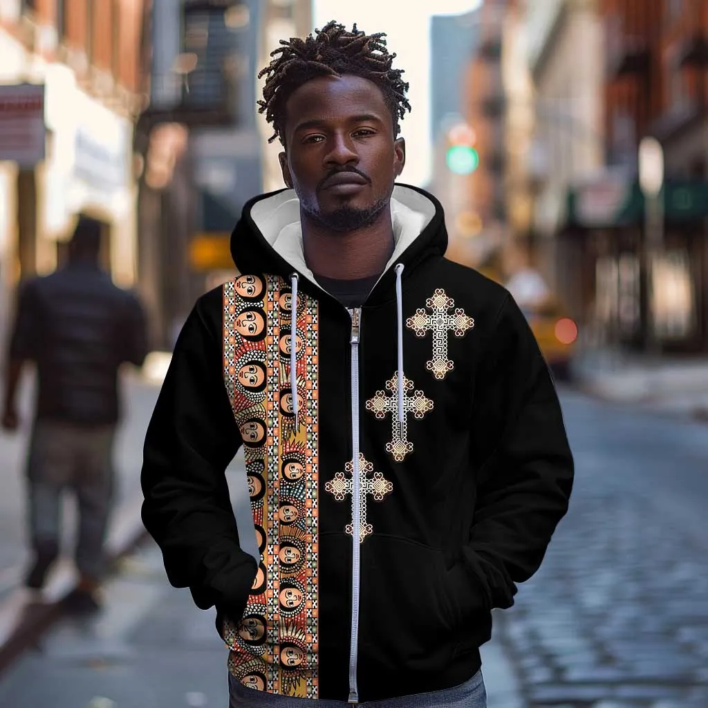 Ethiopia Angels Tilet With Cross Zip Hoodie Black Color LT15