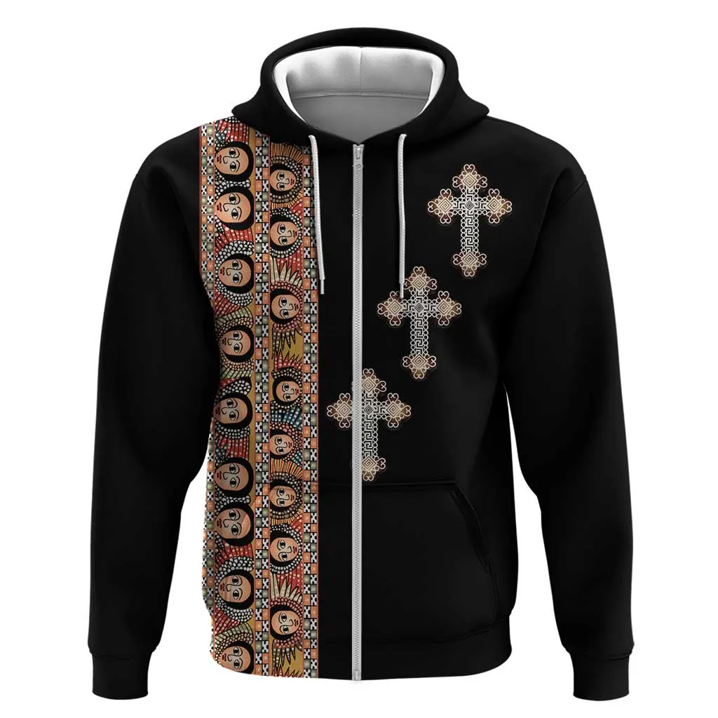Ethiopia Angels Tilet With Cross Zip Hoodie Black Color LT15