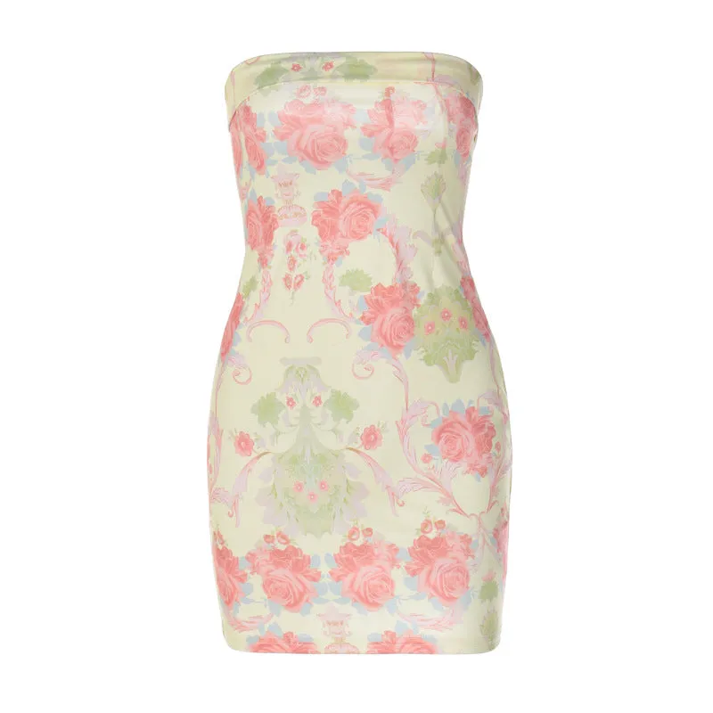 European and American Foreign Trade New Wholesale Women's Clothing Fresh Fresh Floral Print Wrapped Chest Sheath Slim Dress Factory Wholesale