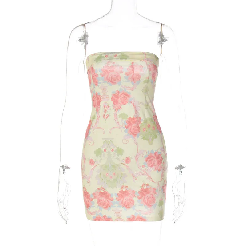 European and American Foreign Trade New Wholesale Women's Clothing Fresh Fresh Floral Print Wrapped Chest Sheath Slim Dress Factory Wholesale