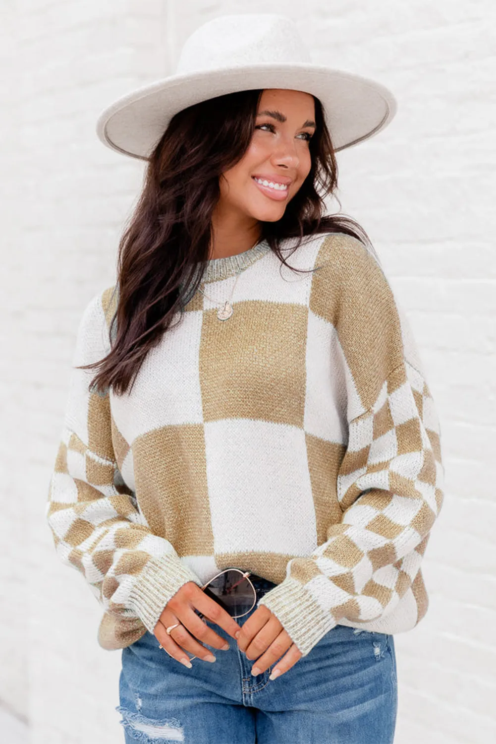 Flaxen Plaid Knitted Round Neck Drop Shoulder Sweatshirt