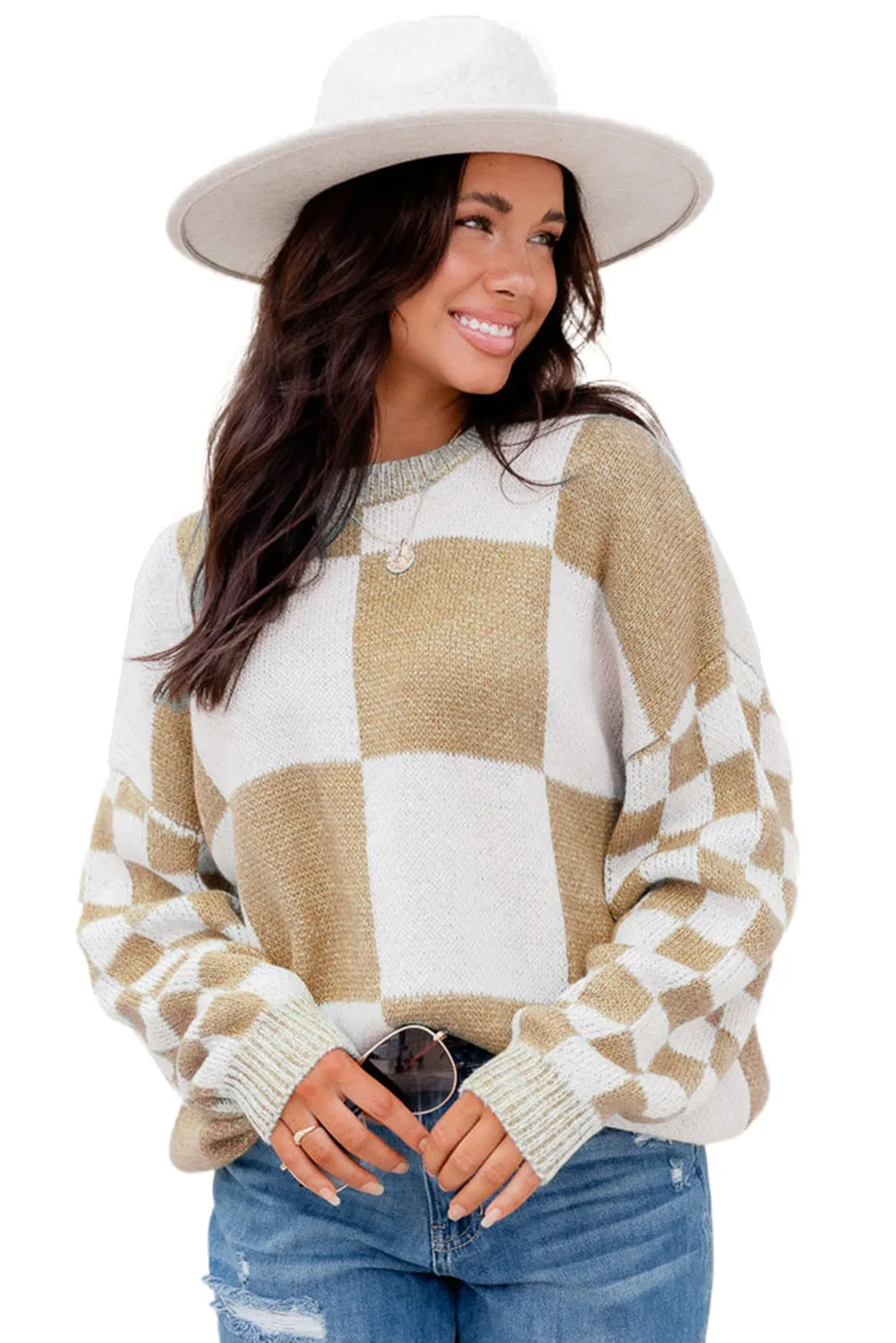 Flaxen Plaid Knitted Round Neck Drop Shoulder Sweatshirt