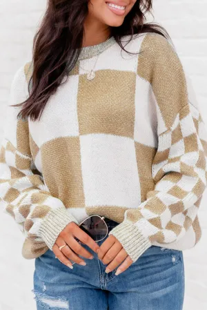 Flaxen Plaid Knitted Round Neck Drop Shoulder Sweatshirt