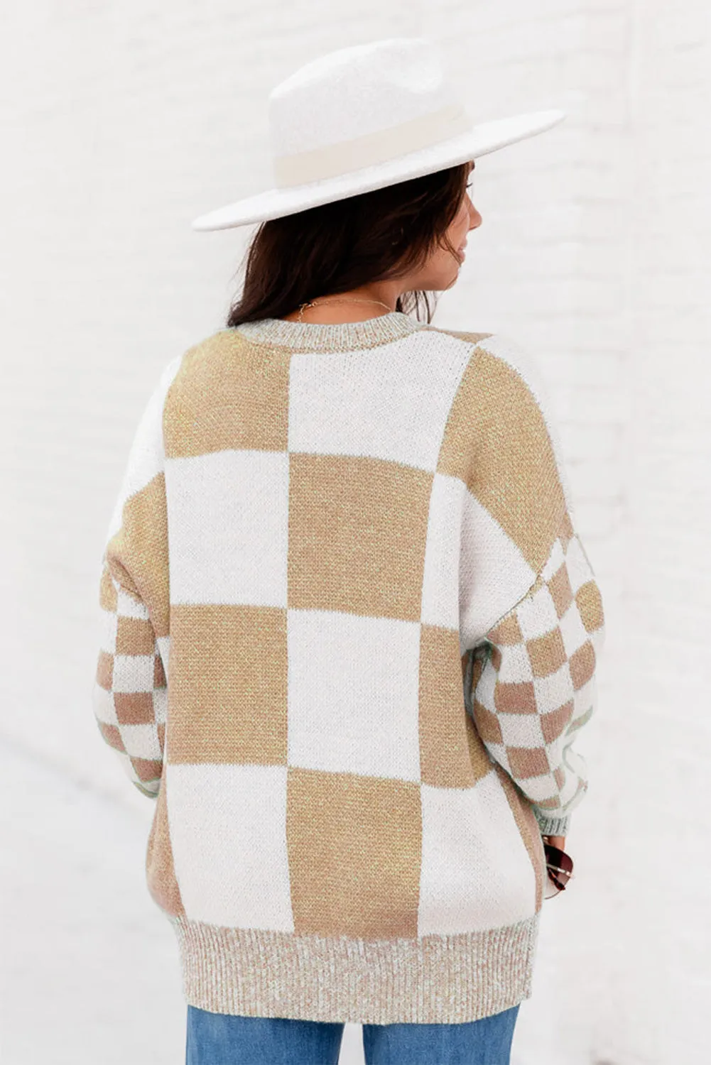 Flaxen Plaid Knitted Round Neck Drop Shoulder Sweatshirt