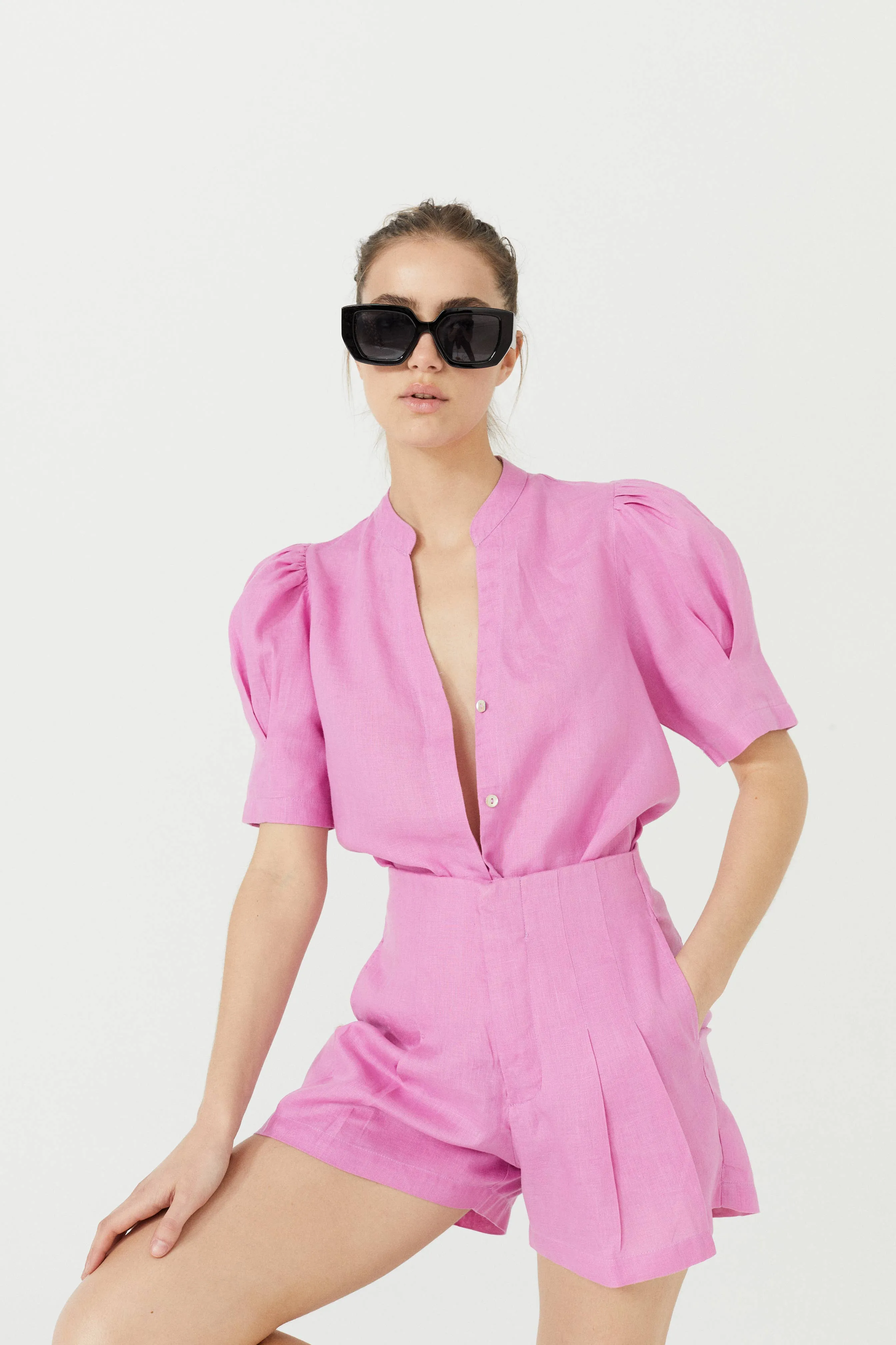 Frida Linen Shorts  - Petunia Pink