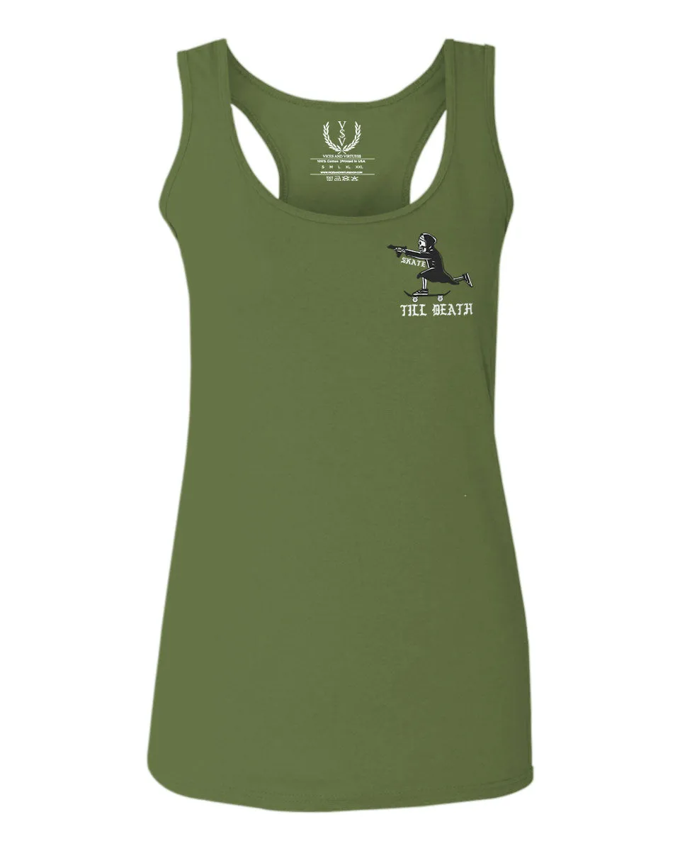 Front and Back Skateboarding OR DIE Skull Skate Gun Till Death Obei Society  women's Tank Top sleeveless Racerback