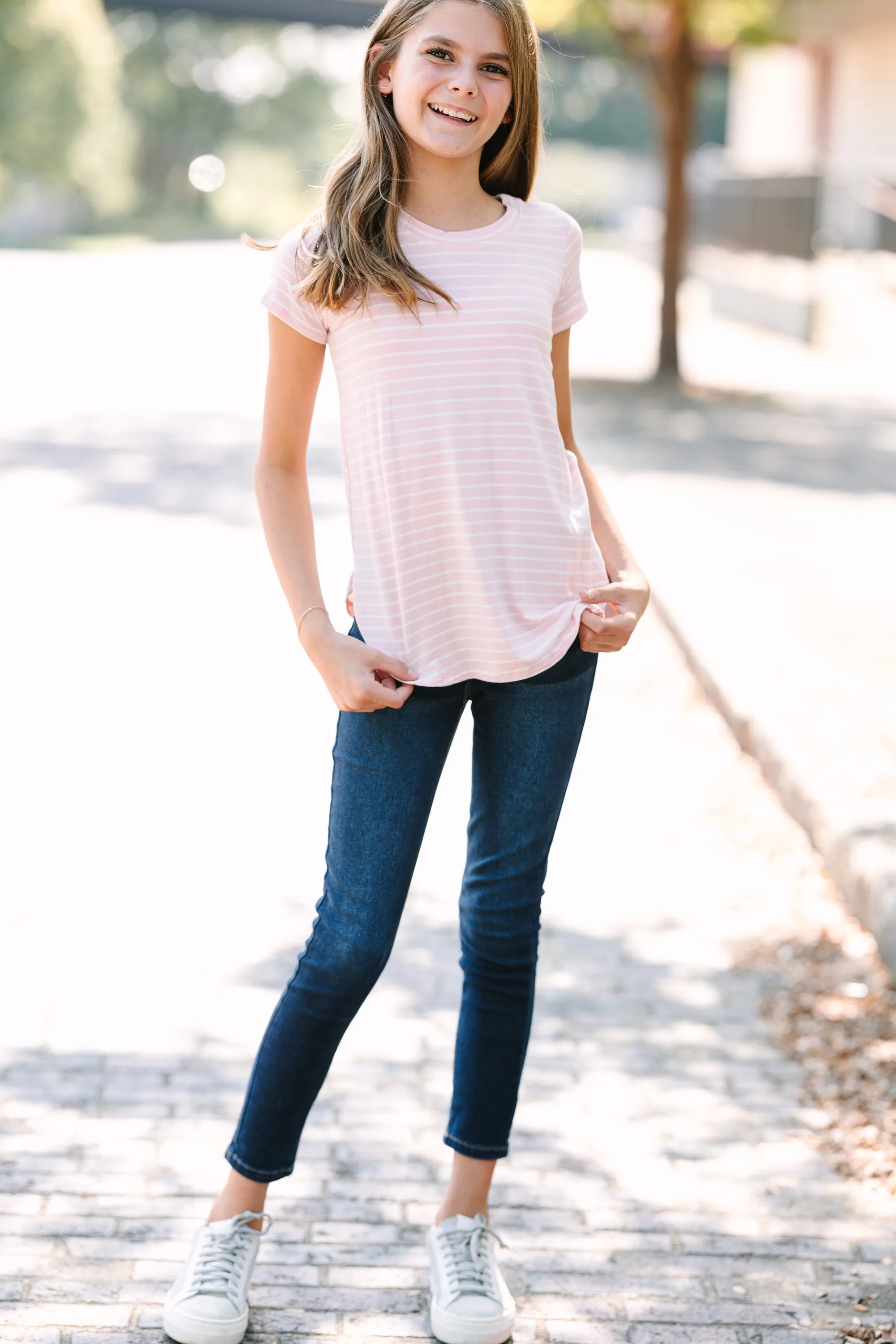Girls: Let's Meet Later Pink and Ivory Striped Top