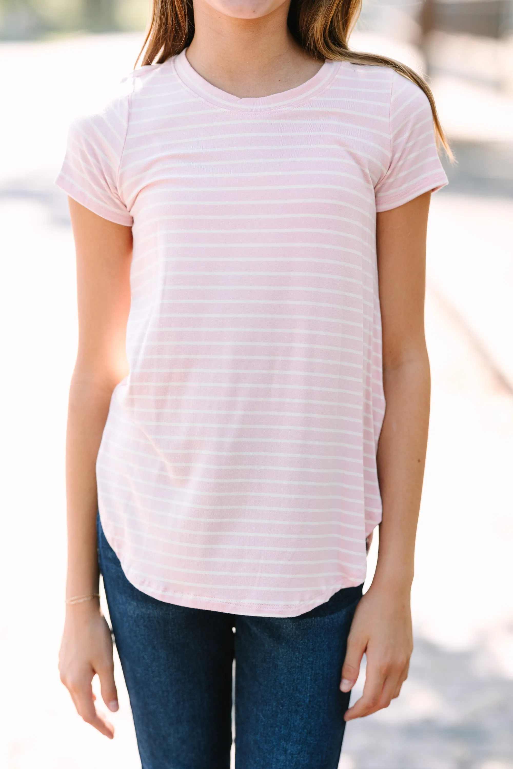 Girls: Let's Meet Later Pink and Ivory Striped Top