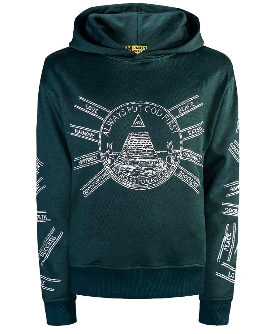God First Affirmation Hoodie With Rhinestone Design - Forest Green