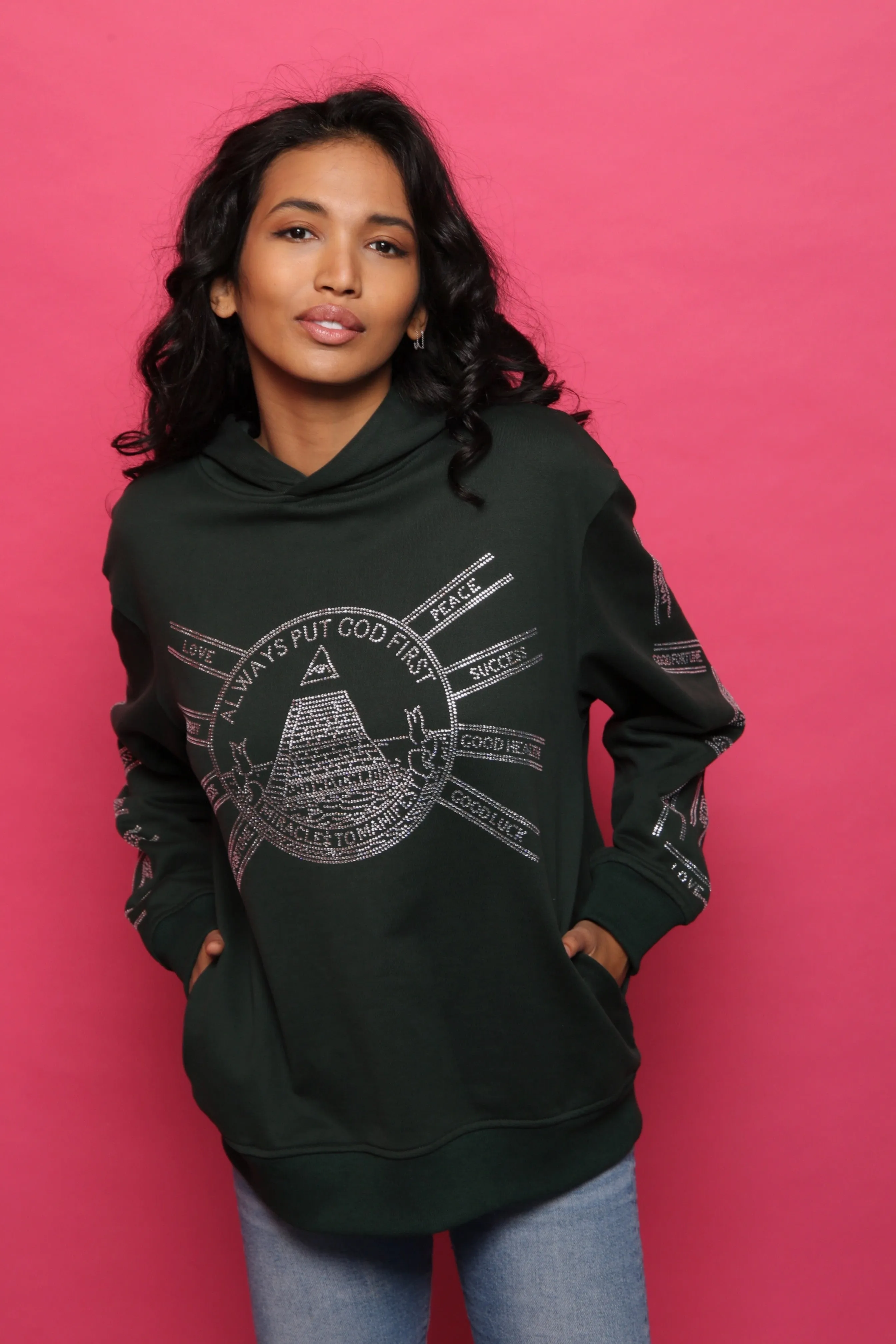 God First Affirmation Hoodie With Rhinestone Design - Forest Green
