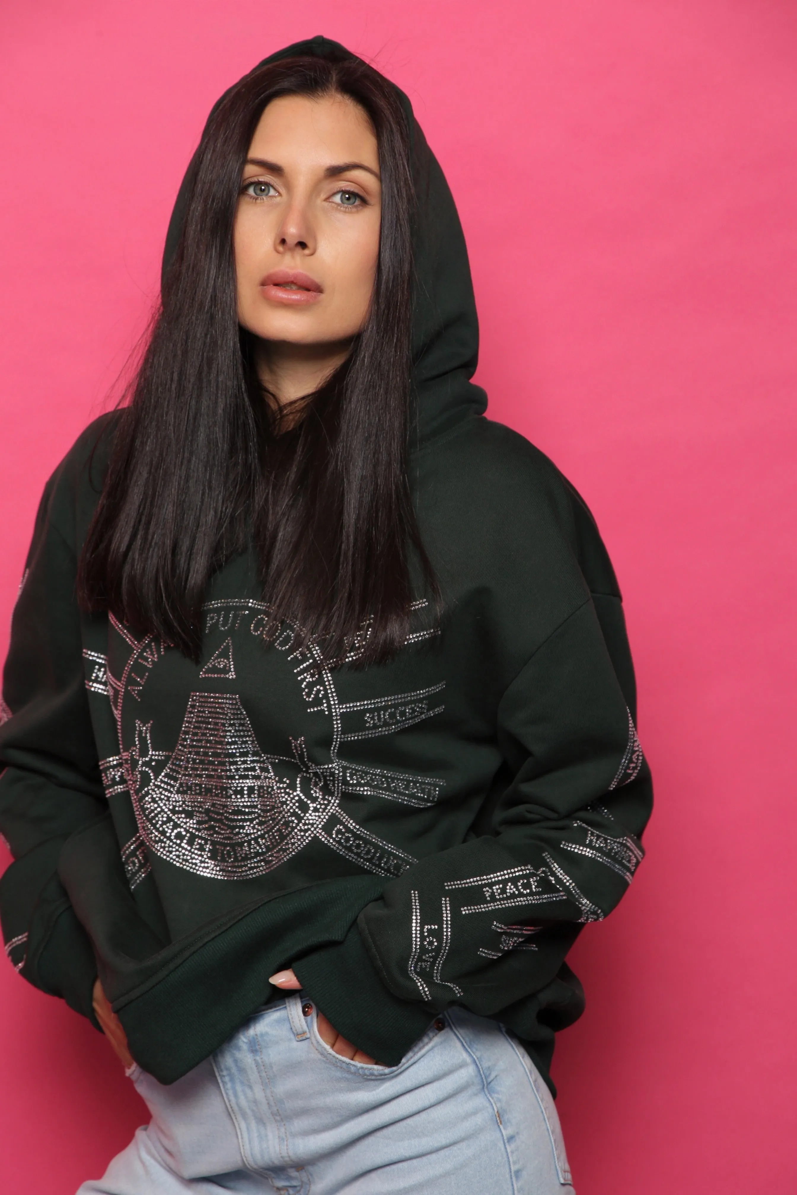 God First Affirmation Hoodie With Rhinestone Design - Forest Green