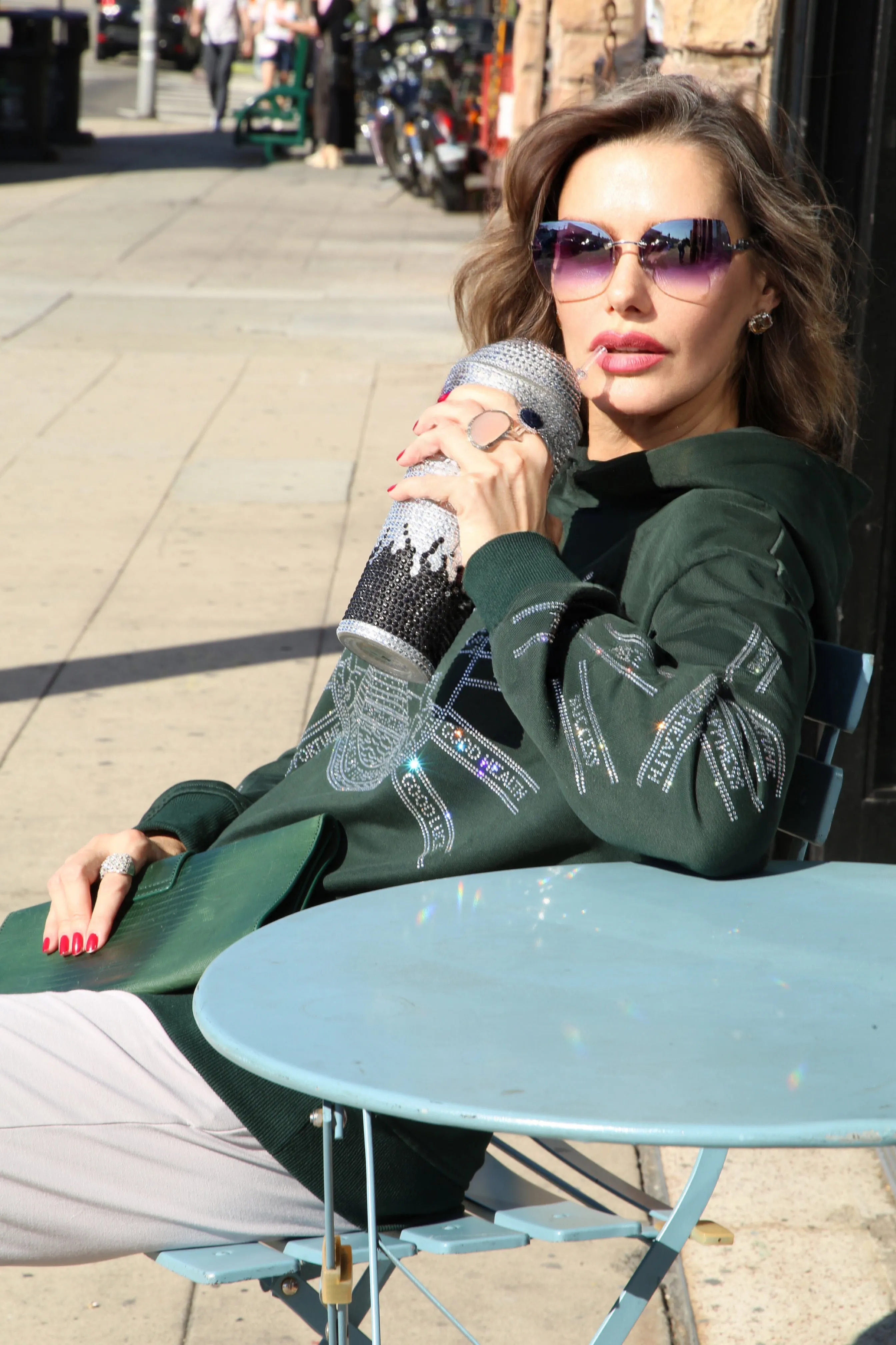 God First Affirmation Hoodie With Rhinestone Design - Forest Green