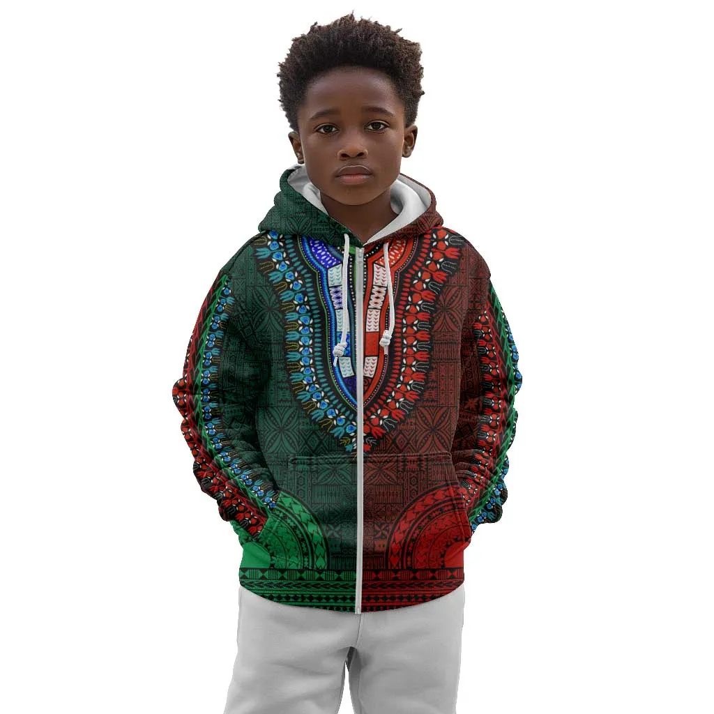 Green-red Dashiki and Tapa Pattern Kid Hoodie Africa-Polynesia Together Culture LT9