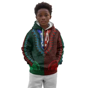Green-red Dashiki and Tapa Pattern Kid Hoodie Africa-Polynesia Together Culture LT9