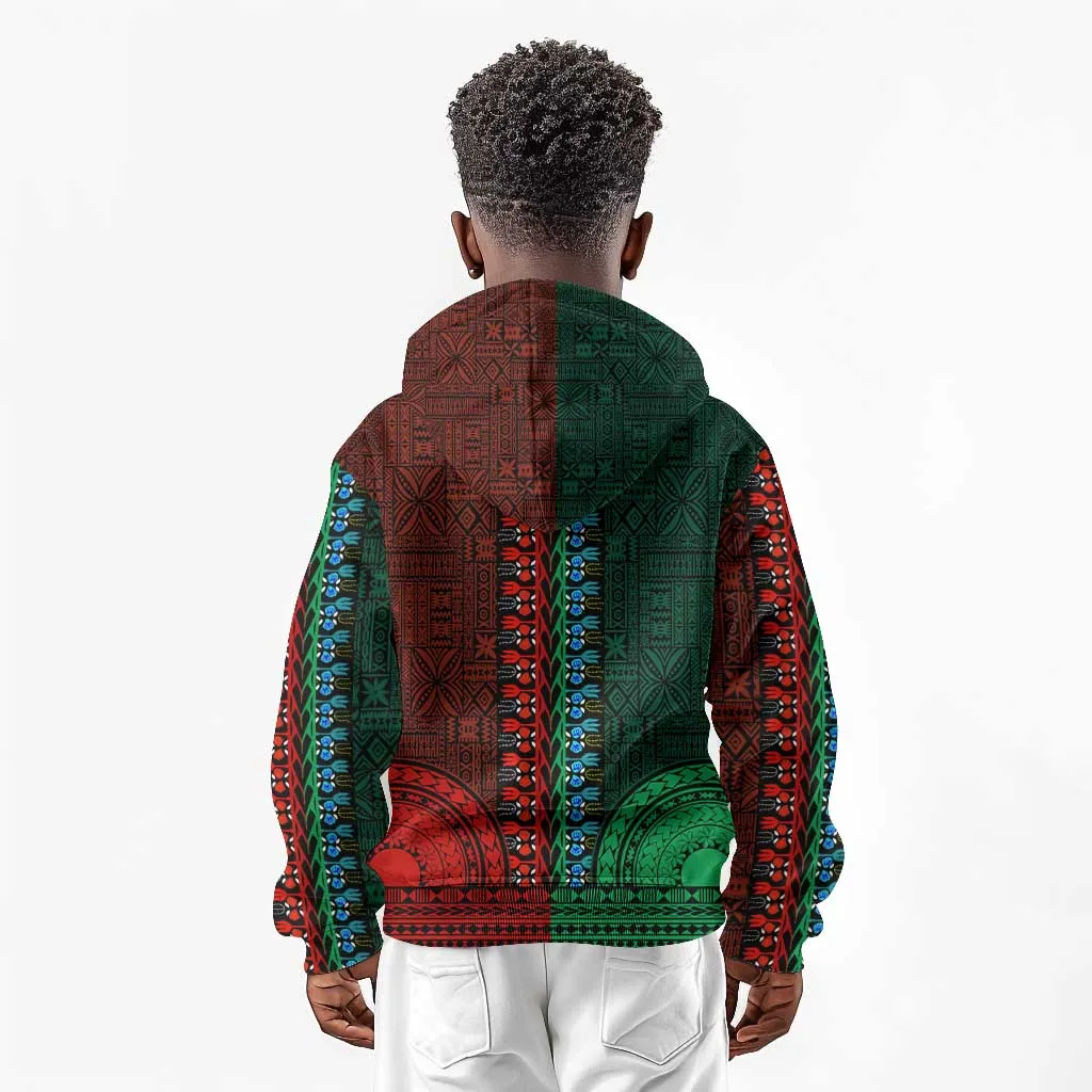 Green-red Dashiki and Tapa Pattern Kid Hoodie Africa-Polynesia Together Culture LT9