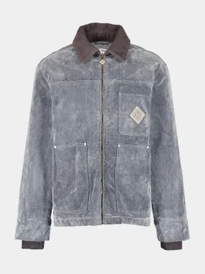 Grey Peach-Washed Embroidered Denim Jacket