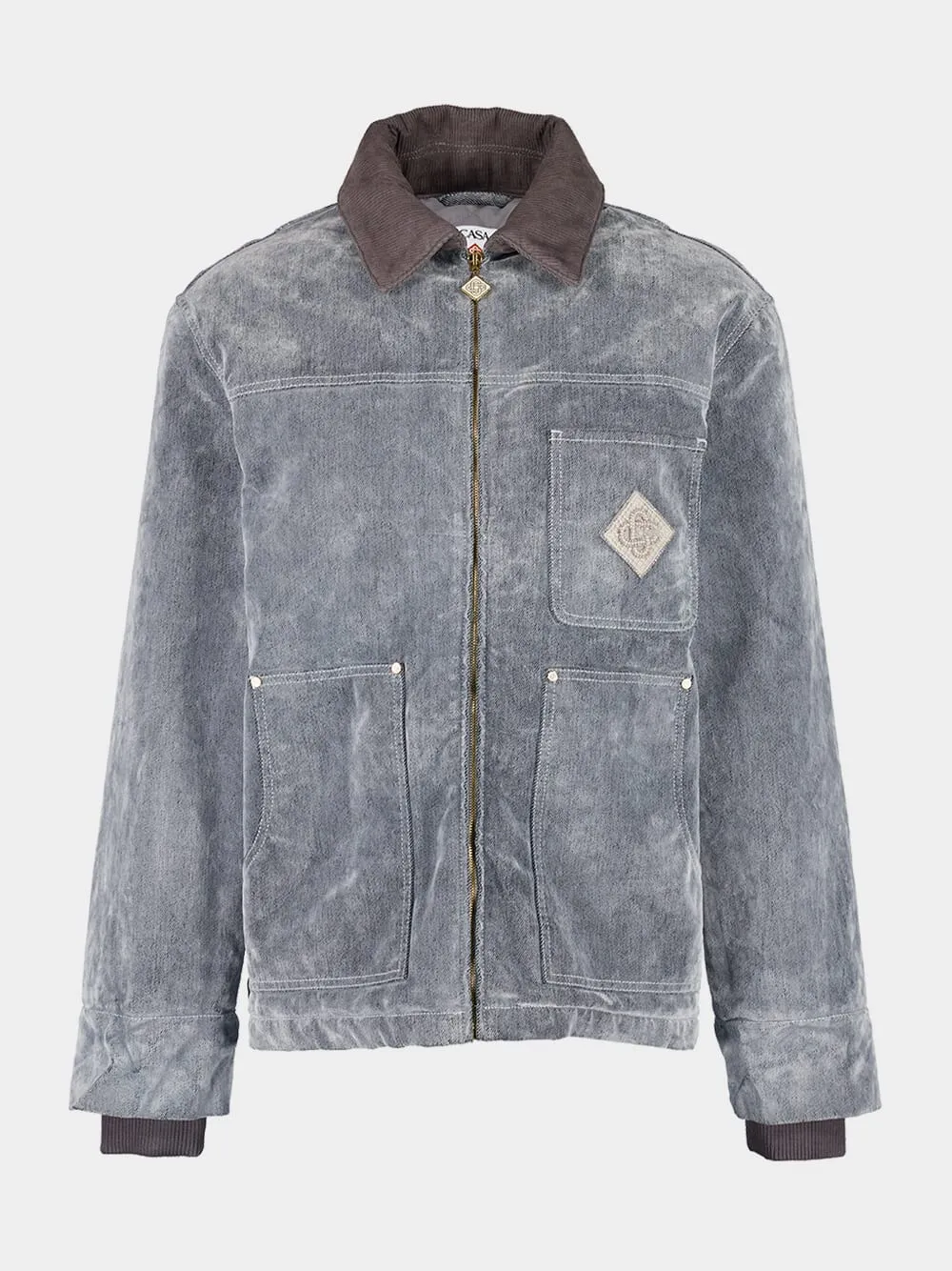 Grey Peach-Washed Embroidered Denim Jacket