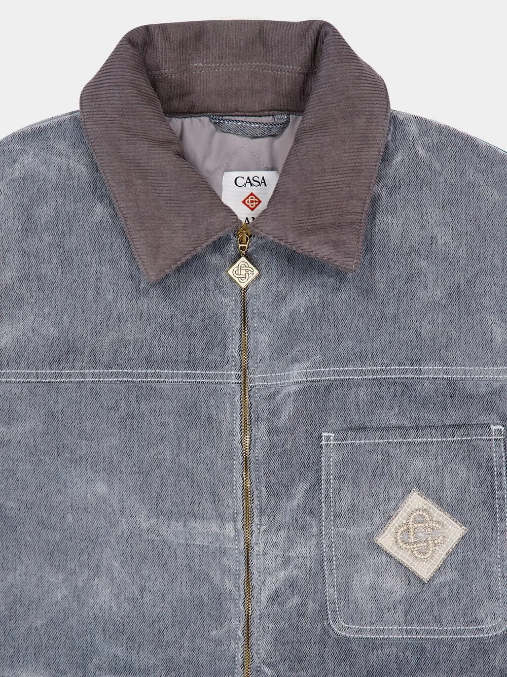 Grey Peach-Washed Embroidered Denim Jacket