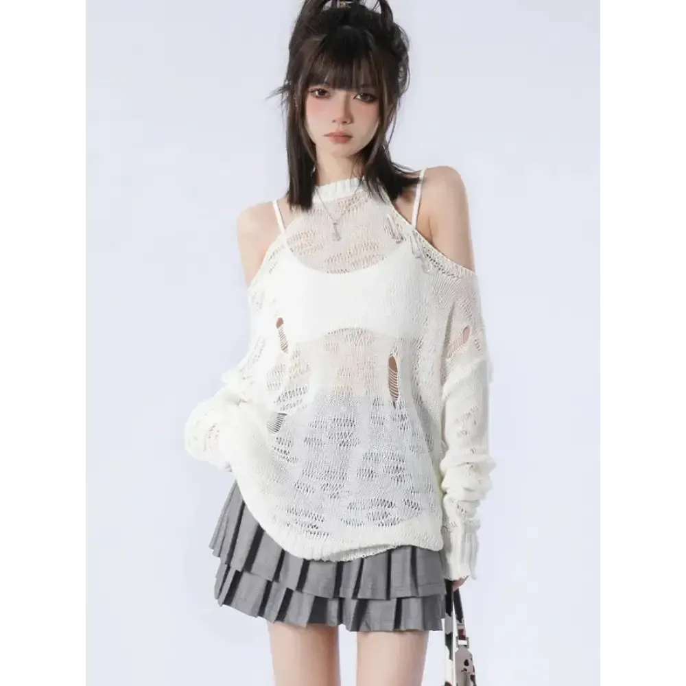 Grunge Style Crew Neck Sweater with Cut-Out Shoulder Details
