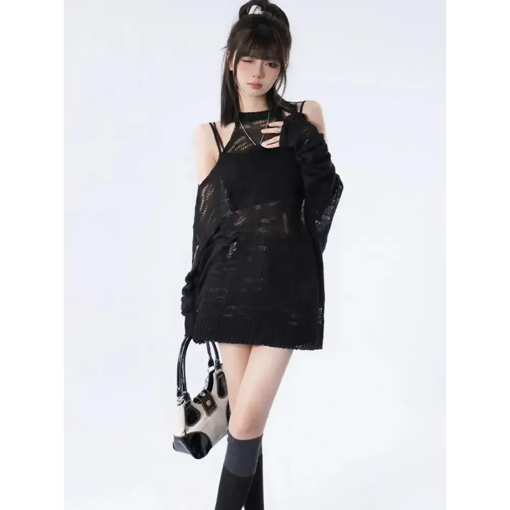 Grunge Style Crew Neck Sweater with Cut-Out Shoulder Details