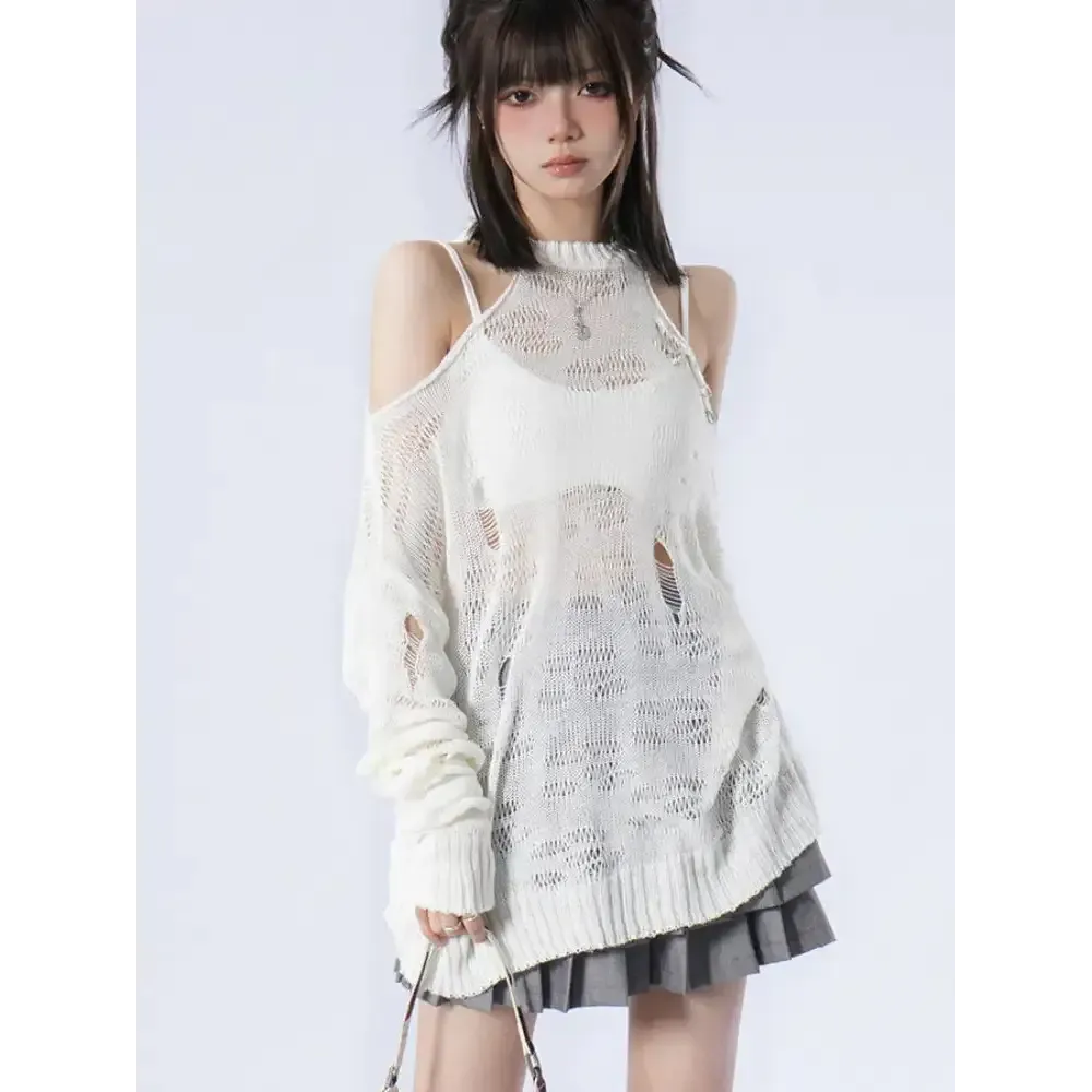Grunge Style Crew Neck Sweater with Cut-Out Shoulder Details