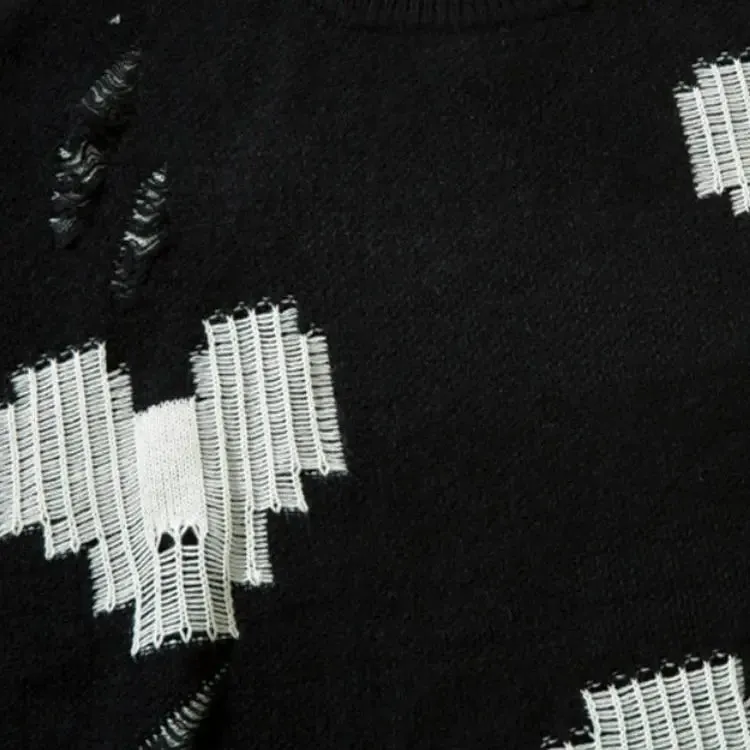 Grunge Sweater with Distressed Details and Contrast Color Heart Patterns