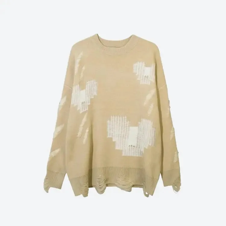 Grunge Sweater with Distressed Details and Contrast Color Heart Patterns