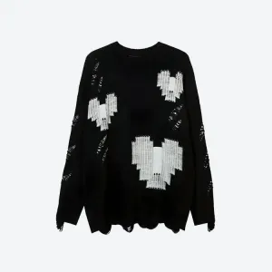 Grunge Sweater with Distressed Details and Contrast Color Heart Patterns