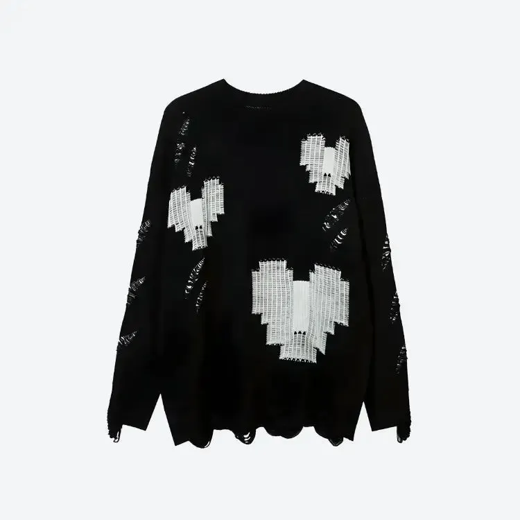 Grunge Sweater with Distressed Details and Contrast Color Heart Patterns